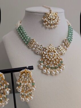 Gold-Tone Green Beaded Pearl Kundan Necklace Set
